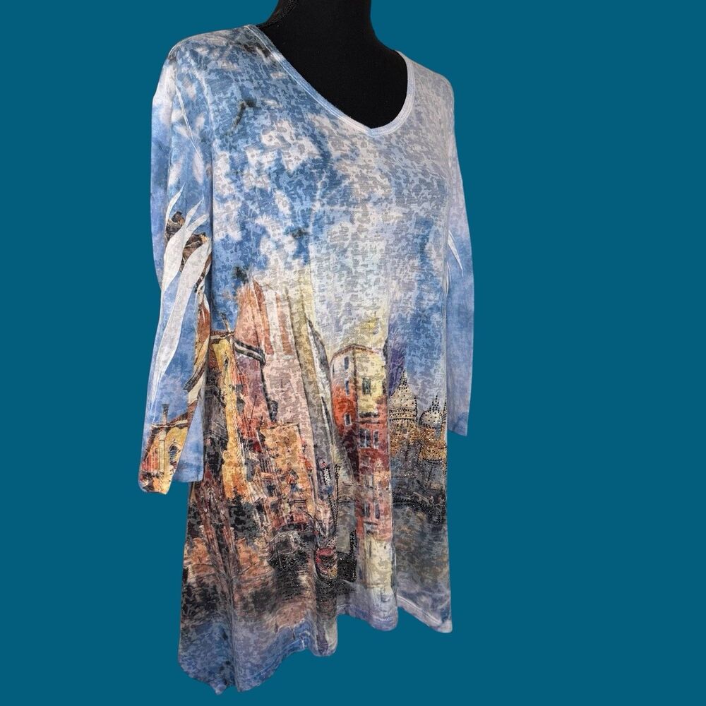 Jess & Jane Tunic Top XL Sheer Rhinestones 3/4 Sleeves Venice Asymmetric Hem USA